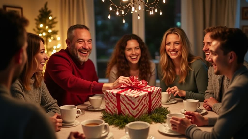 Freunde lachen an einer festlich gedeckten Weihnachtstafel beim Auspacken witziger Wichtelgeschenke