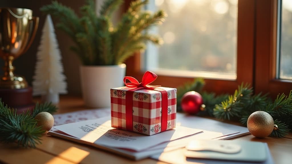 Witzige Wichtelgeschenke auf einem festlich dekorierten Schreibtisch zu Hause