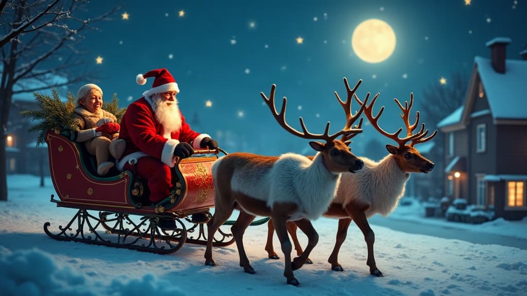 Der Weihnachtsmann fliegt mit einem Schlitten voller verpackter Geschenke über verschneite Dächer unter einem sternenklaren Nachthimmel