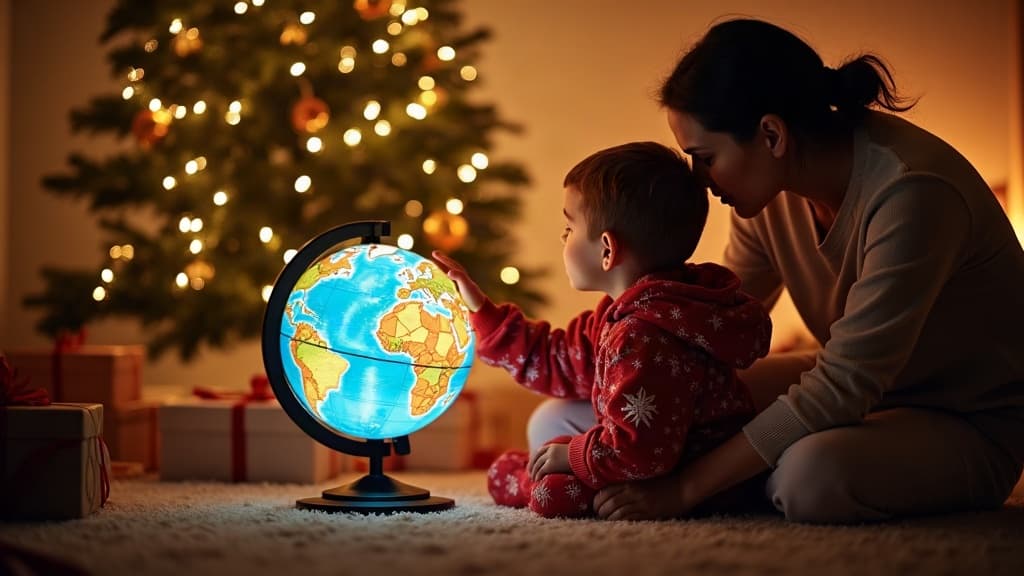 Ein Elternteil erklärt einem Kind neben dem Weihnachtsbaum die weltweite Route des Weihnachtsmanns