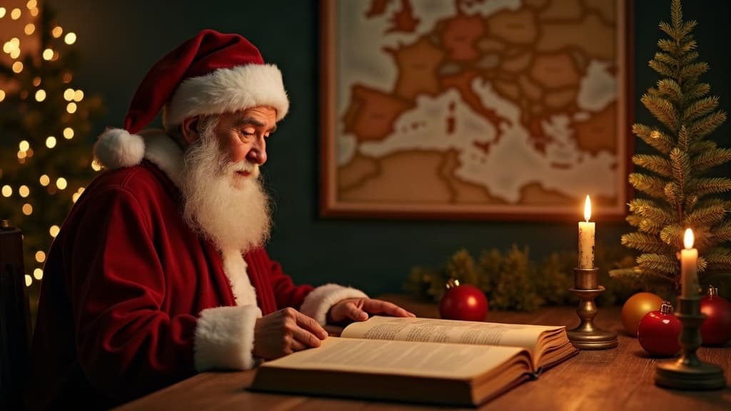 Ritratto caloroso di Babbo Natale accanto a un albero illuminato e a un libro di storia aperto