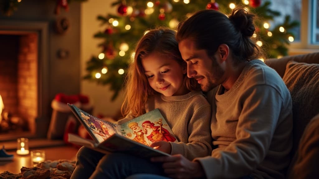 Un genitore e un bambino leggono una storia di San Nicola accanto all’albero di Natale