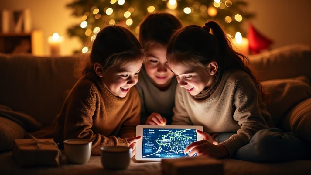 Des parents et leurs enfants suivent le Père Noël sur un écran près d’un sapin illuminé