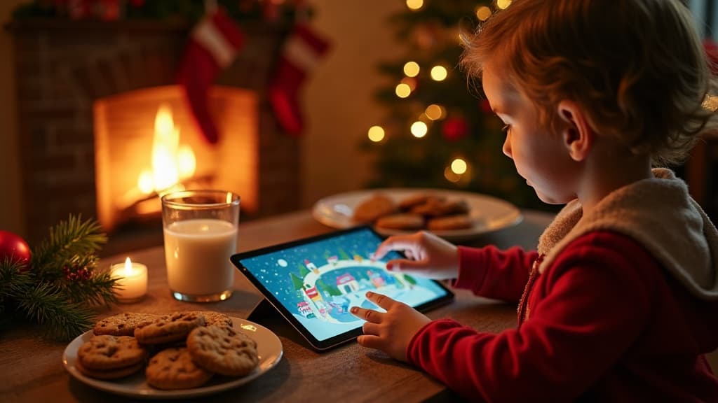 Un enfant dépose des biscuits près de la cheminée tout en suivant le Père Noël