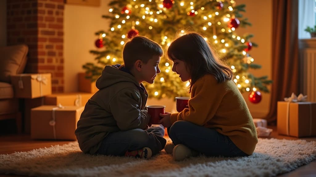 Elternteil und Kind sprechen neben einem geschmückten Weihnachtsbaum miteinander