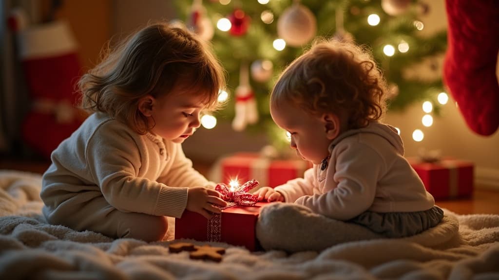 Kind wird zum Helfer des Weihnachtsmanns und legt ein Geschenk neben einen Stiefel