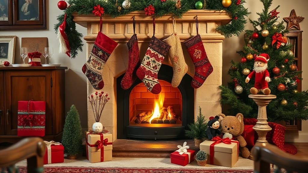 Eine warme Szene, die La Befana zeigt, wie sie ein Zuhause mit Strümpfen und Geschenken besucht