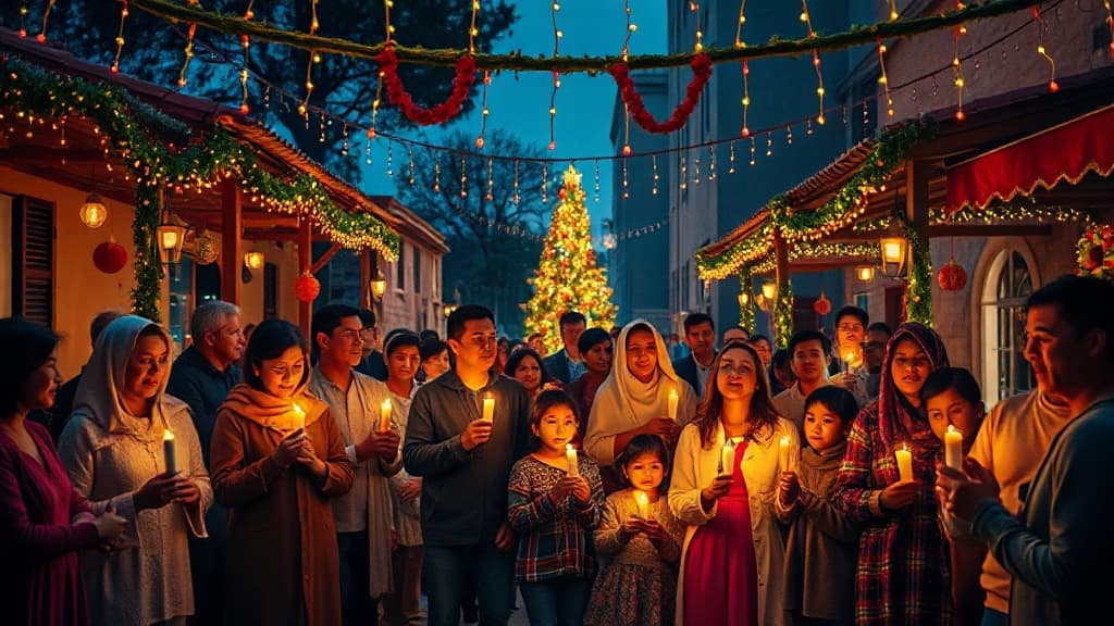 Eine lebendige Straßenprozession zur Feier von Las Posadas in Mexiko mit bunten Kostümen und Laternen.