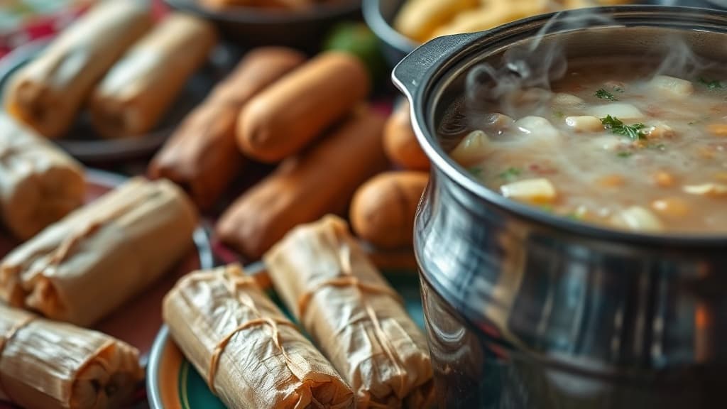 Traditional Las Posadas foods on a colorful tablecloth.