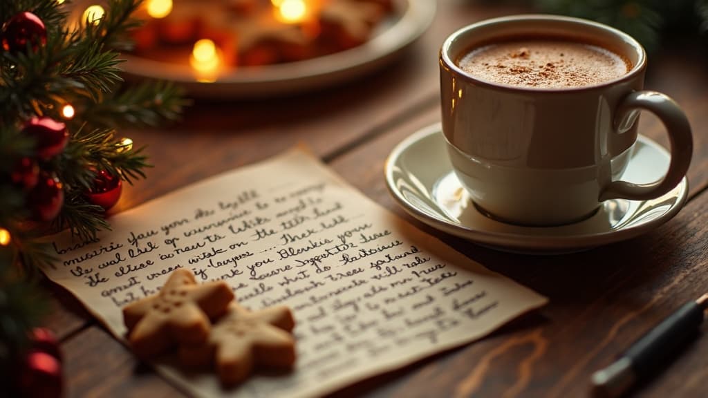 Una scena natalizia accogliente con una lettera scritta a mano da Babbo Natale e decorazioni festive.