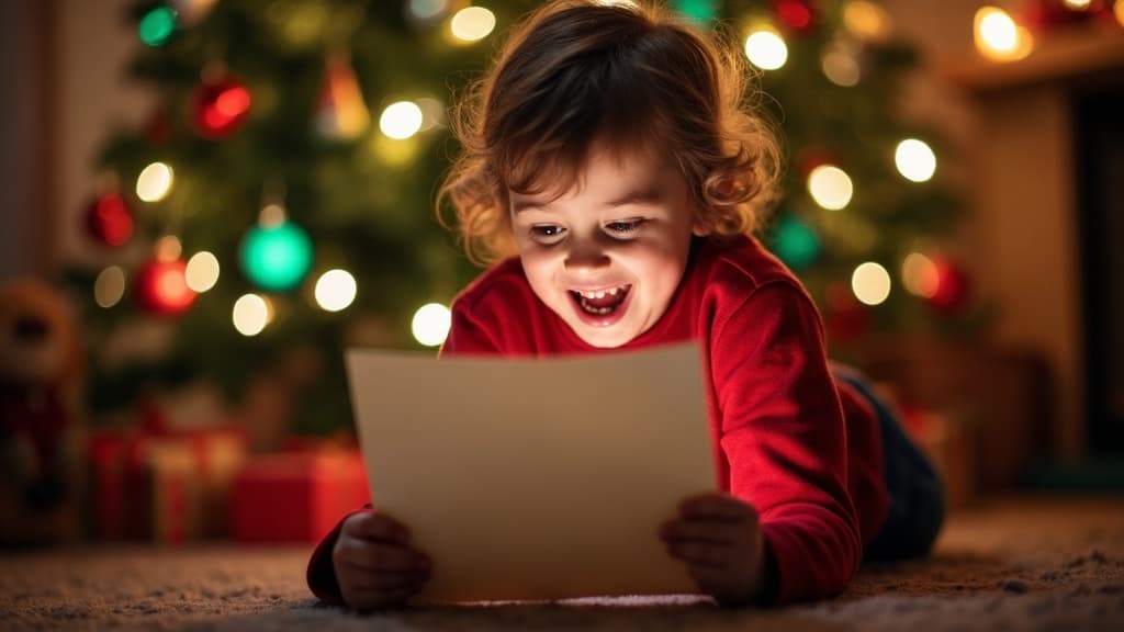 Dziecko czytające list od Świętego Mikołaja pod udekorowaną choinką.