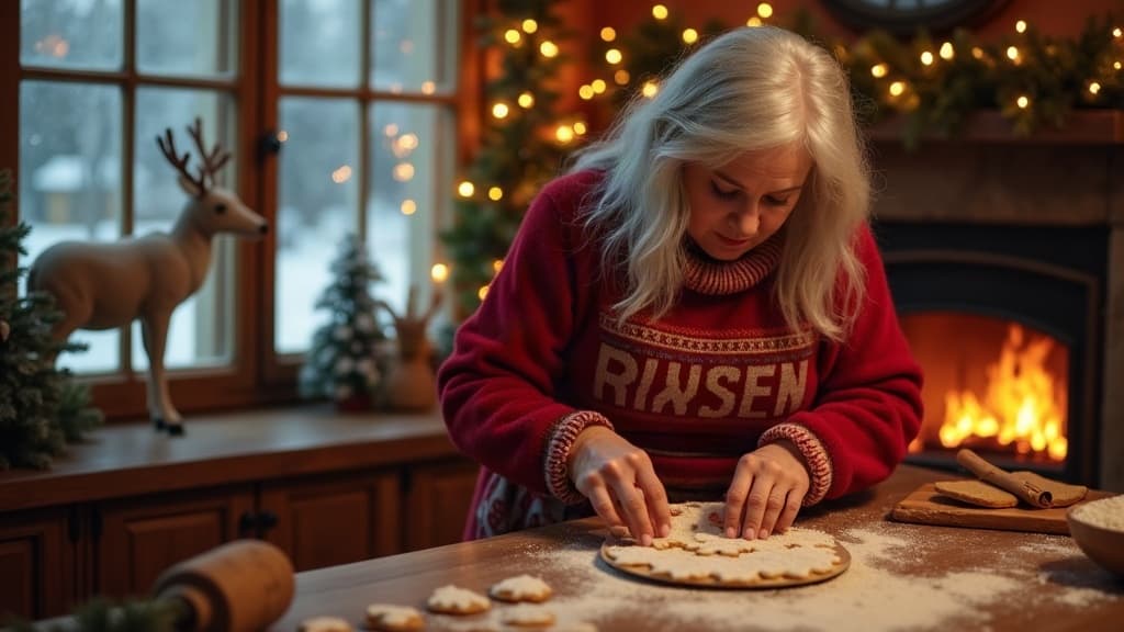Frau Claus backt Lebkuchen in einer gemütlichen Küche am Nordpol neben einem geschmückten Weihnachtsbaum