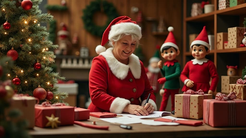 Frau Claus sortiert Geschenke in einer gemütlichen Werkstatt am Nordpol