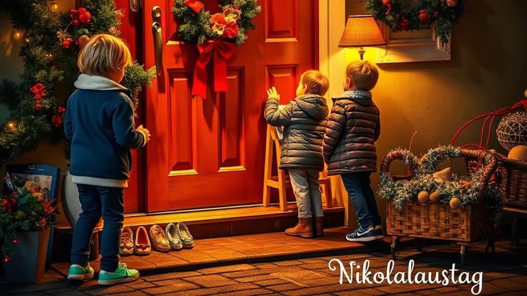 Kinder stellen ihre Schuhe am Kamin für Nikolaustag ab
