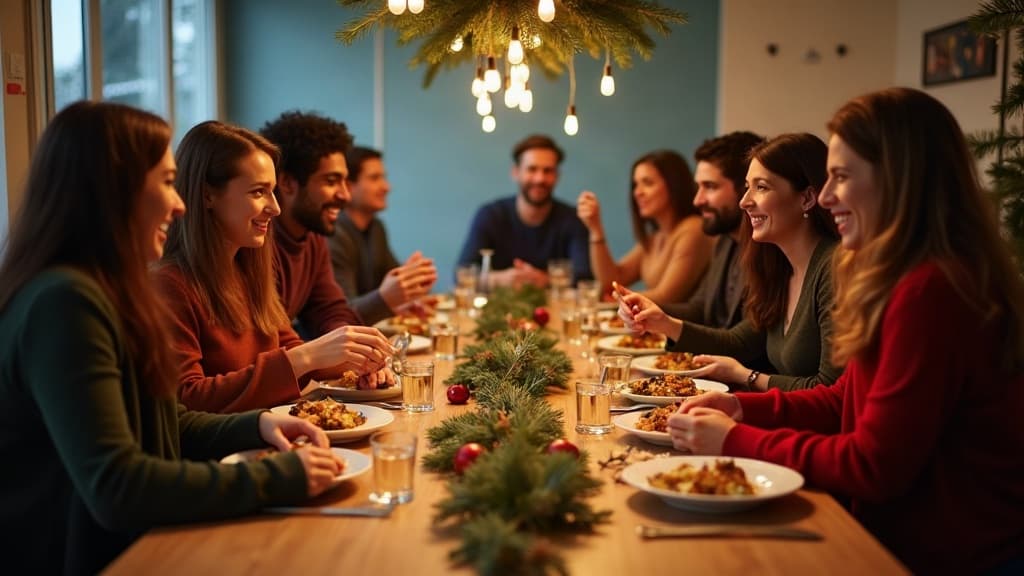 Compañeros de trabajo riendo juntos alrededor de una mesa decorada para una fiesta navideña de oficina