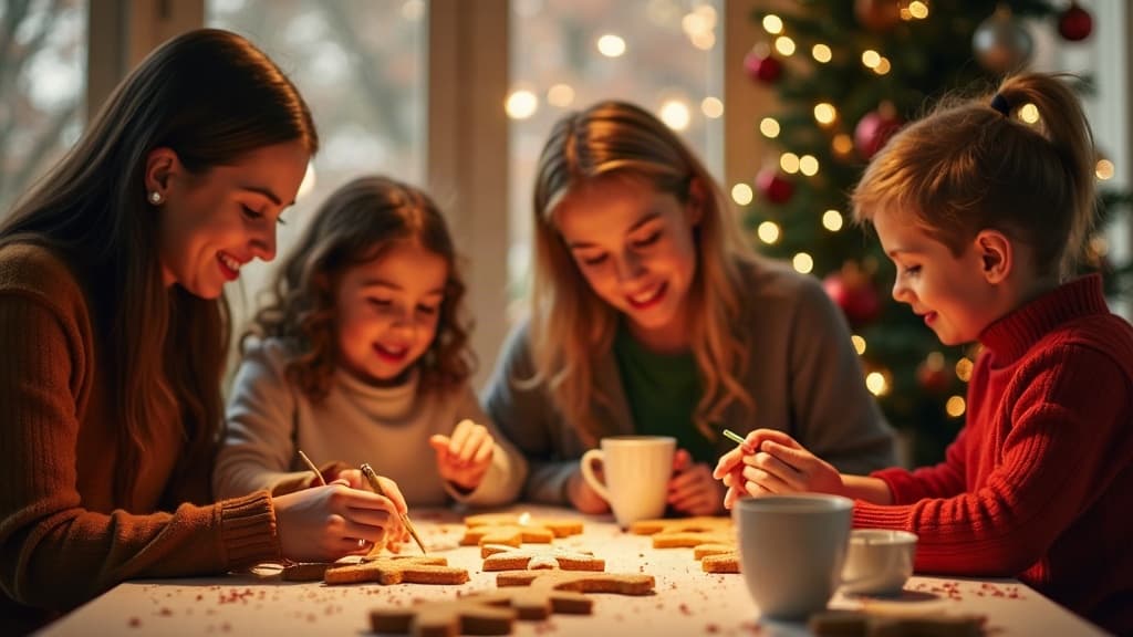 Compañeros de trabajo y niños decorando galletas navideñas en una fiesta de oficina