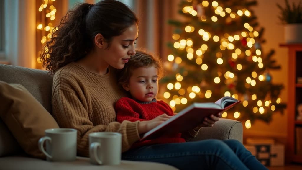 Elternteil und Kind stellen Fragen zu Nikolaus und Weihnachtsmann neben einem leuchtenden Weihnachtsbaum