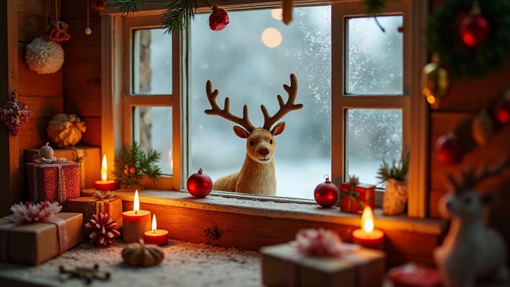 Gemütliche Weihnachtswerkstatt mit Spielzeug und Rentieren