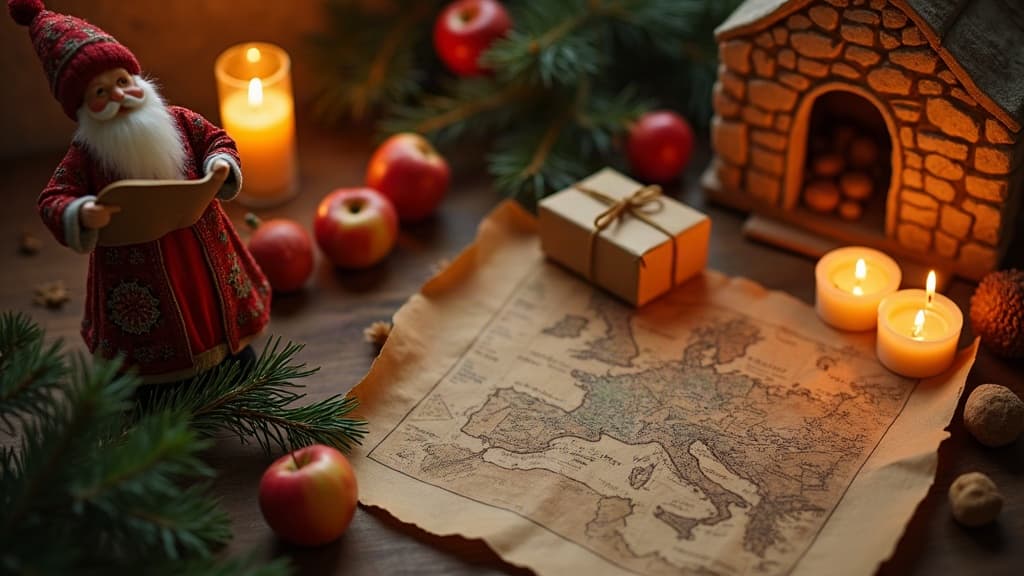 Escena navideña cálida con una figura de San Nicolás junto a un árbol decorado, regalos, velas y un libro de cuentos familiares