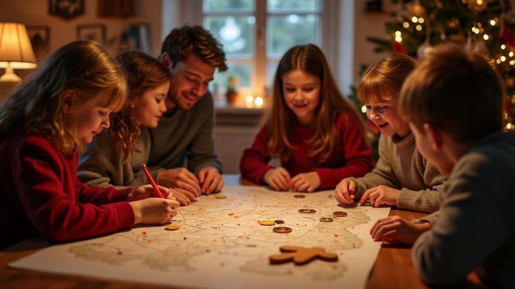 Familia creando una cronología de la historia de San Nicolás junto a zapatos lustrados y dulces navideños