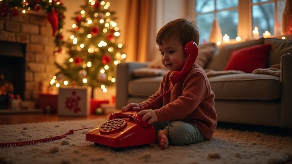 Enfant parlant au téléphone avec le Père Noël, entouré de décorations de Noël festives