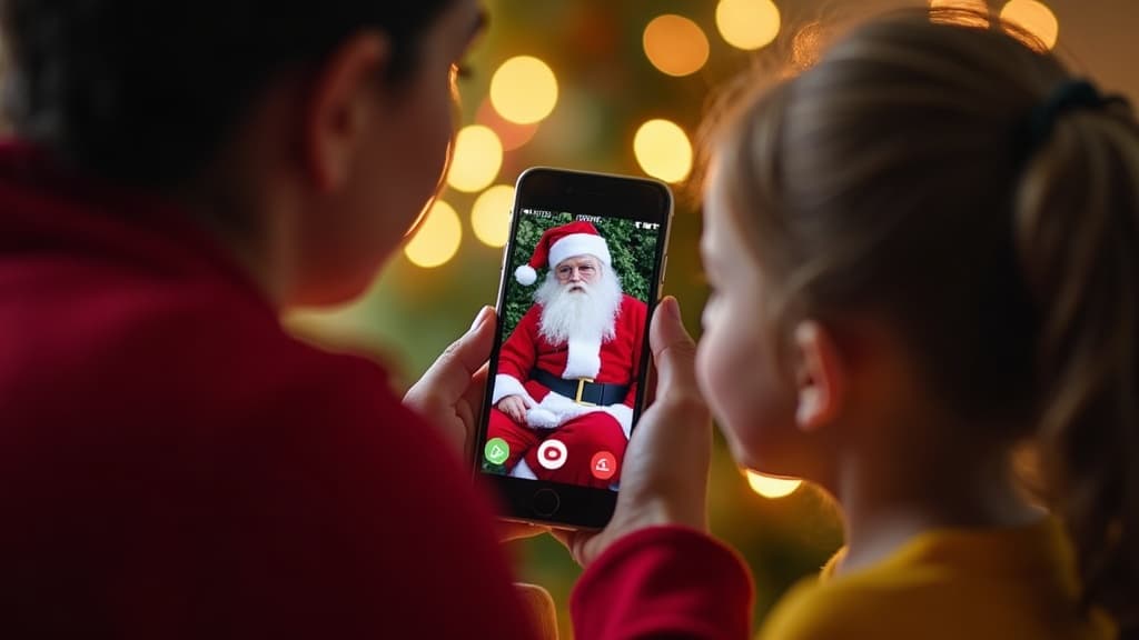 Genitore e bambino in videochiamata con Babbo Natale