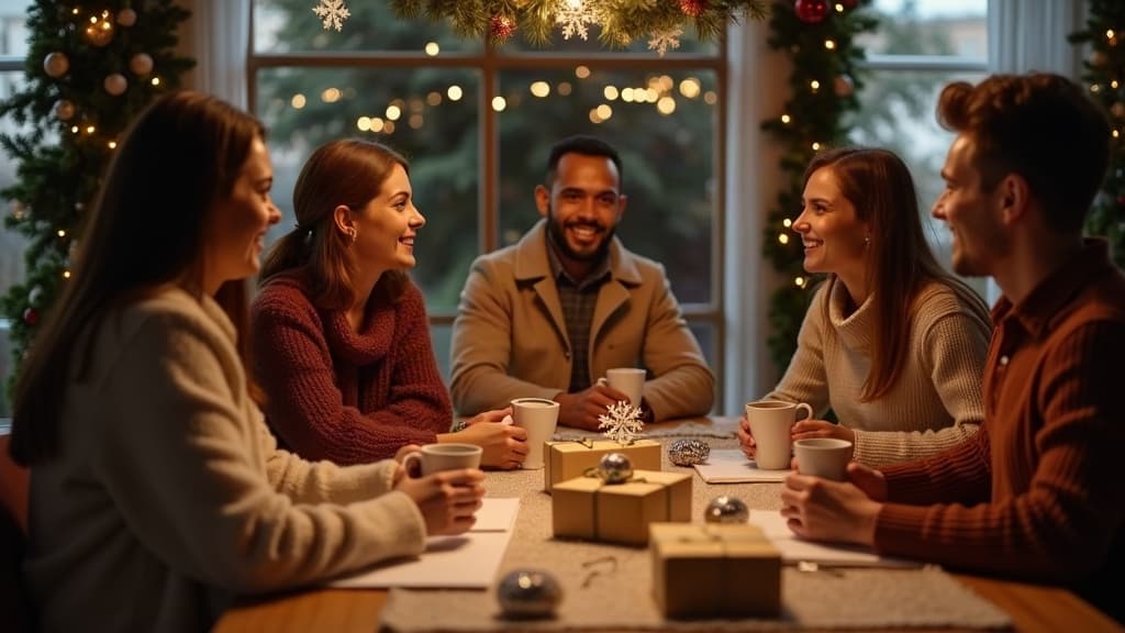Kolleginnen und Kollegen tauschen verpackte Weihnachtsgeschenke an einem festlich dekorierten Bürotisch aus