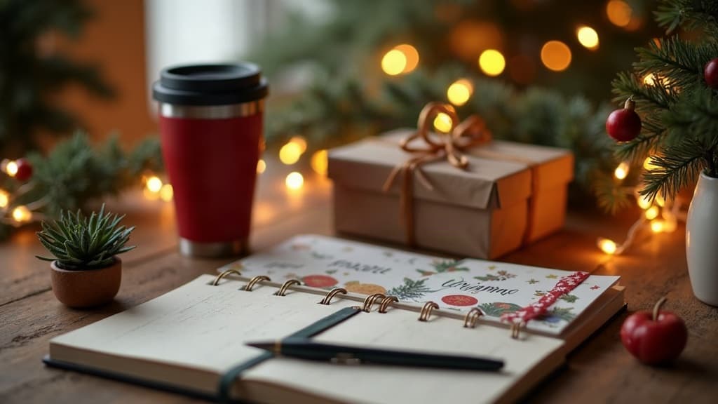 Praktische Wichtelgeschenke auf einem weihnachtlich dekorierten Schreibtisch im Büro