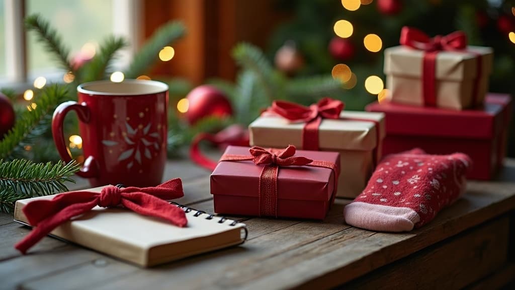 Mesa acogedora con regalos navideños envueltos, etiquetas escritas a mano y ramas de pino