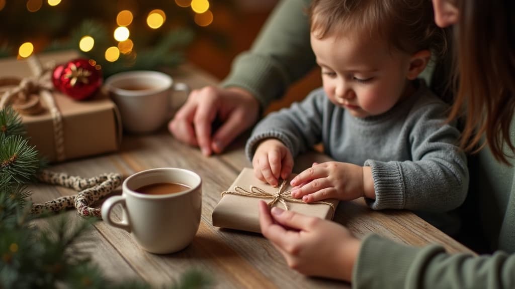 Madre y niño colocando una etiqueta escrita a mano en un regalo navideño envuelto