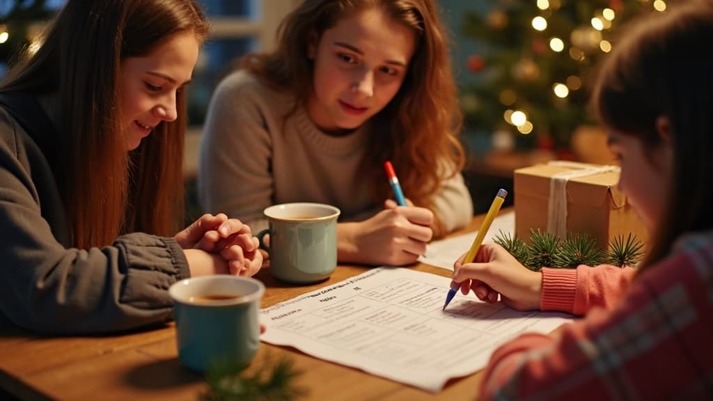 Membres d’une famille remplissant un questionnaire du Père Noël secret près de cadeaux de Noël emballés