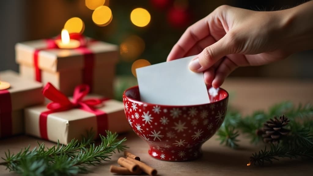 Cartes manuscrites indiquant les préférences du Père Noël secret près de cadeaux de Noël emballés