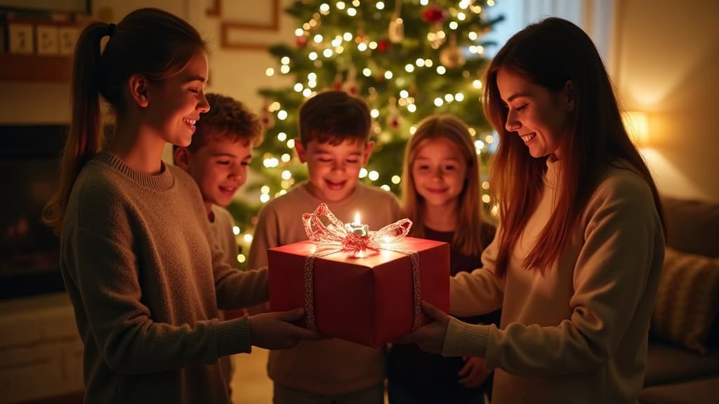 Amigos reunidos alrededor del árbol de Navidad con regalos envueltos del intercambio secreto