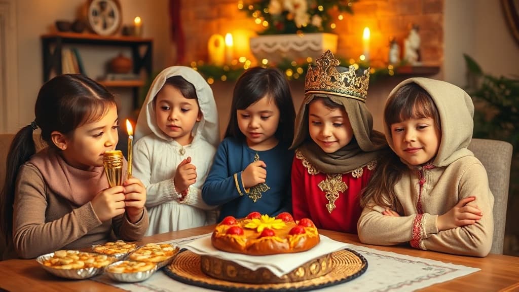 Eine fröhliche Familie feiert den Día de Reyes Magos mit traditionellen Gebäck und Geschenken.