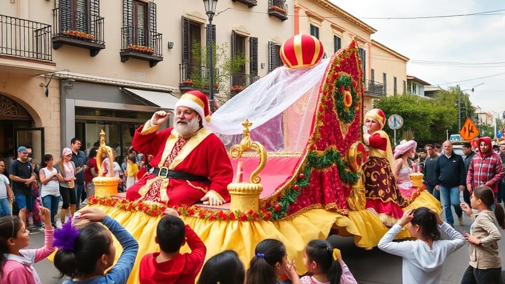 Desfile colorido durante o Dia de Reis Magos com carros alegóricos e personagens.