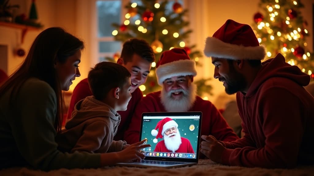 Un enfant appelant joyeusement le Père Noël en vidéo sur une tablette
