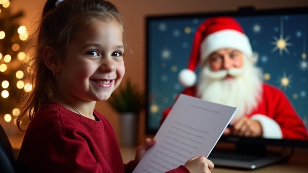 Enfant avec une liste de souhaits appelant le Père Noël en vidéo