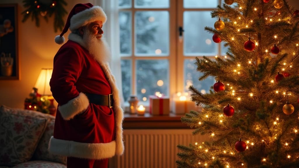 Der Weihnachtsmann im leuchtend roten Mantel neben einem geschmückten Weihnachtsbaum in einem warmen Familienwohnzimmer
