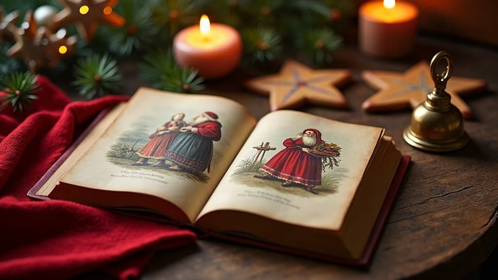 Alte Weihnachtsbücher und roter Stoff veranschaulichen die Geschichte des Weihnachtsmannmantels