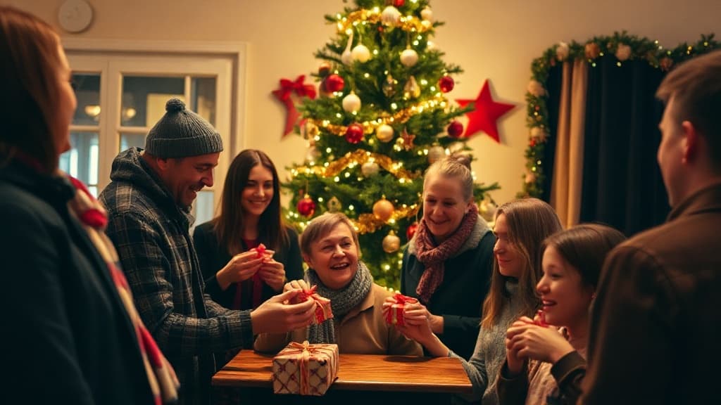 Eine gemütliche Familienfeier um einen Weihnachtsbaum, bei der Geschenke für Wichteln ausgetauscht werden.