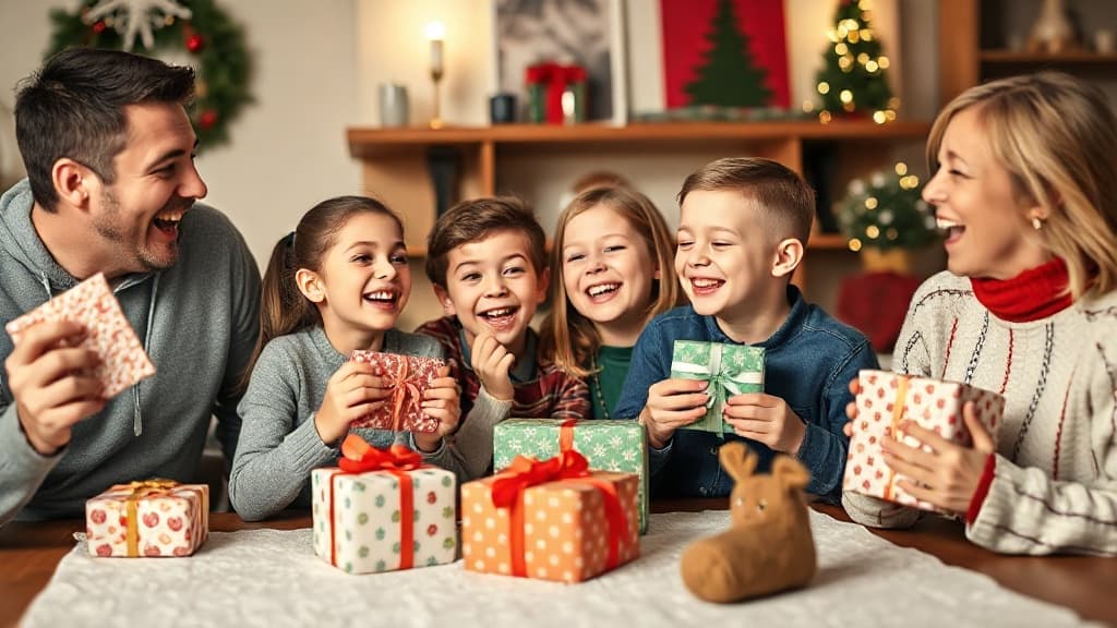Famiglia che si diverte a scambiare regali in un Wichteln a tema.